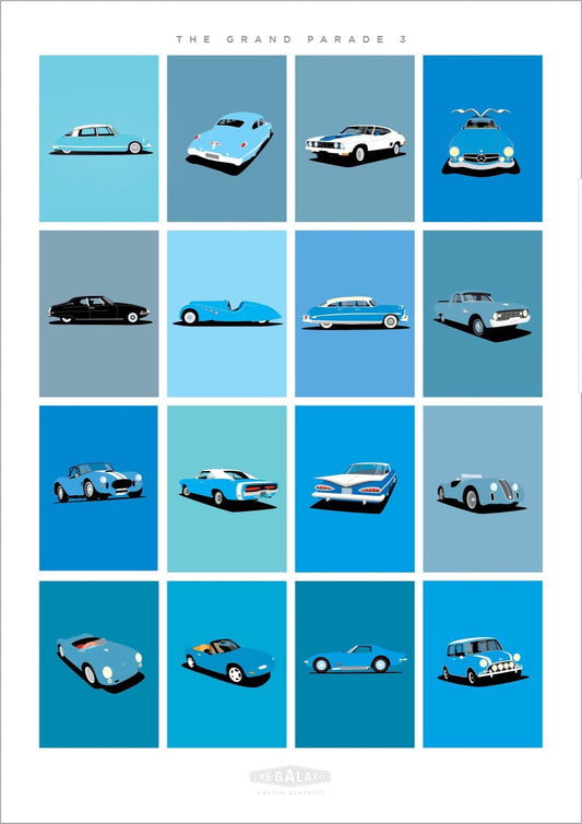 A blue themed original car poster showcasing 16 classic cars,  including Porsche, Ferrari, Mercedes Benz, Studebaker, Cadillac, Buick, Jaguar, Alfa Romeo, Lamborghini and more. 