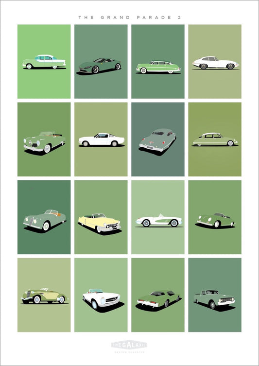 A green themed original car poster showcasing 16 classic cars,  featuring Porsche, Mercedes Benz, Ferrari, Jaguar, Studebaker, Buick, Cadillac and more.