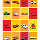 An orange themed original car poster showcasing 16 classic cars,  including Porsche, Ferrari, Mercedes Benz, Studebaker, Cadillac, Buick, Corvette, Monaro, Alfa Romeo, Lamborghini and more. 