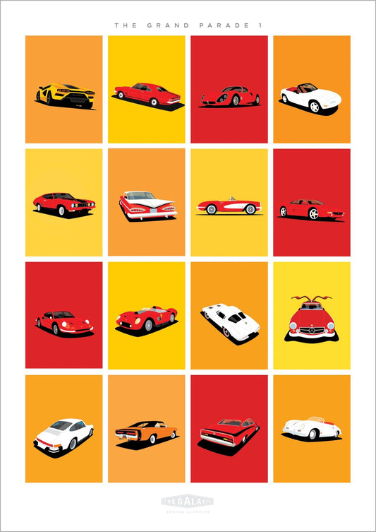 An orange themed original car poster showcasing 16 classic cars,  including Porsche, Ferrari, Mercedes Benz, Studebaker, Cadillac, Buick, Corvette, Monaro, Alfa Romeo, Lamborghini and more. 