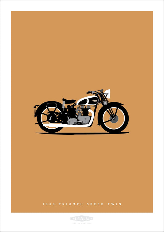 This hand drawn poster features a cool  black 1939 Triumph Speed Twin on a light tan  background.
