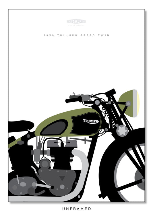 This hand drawn poster features a close up view of an olive green 1939 Triumph Speed Twin on a white background.
