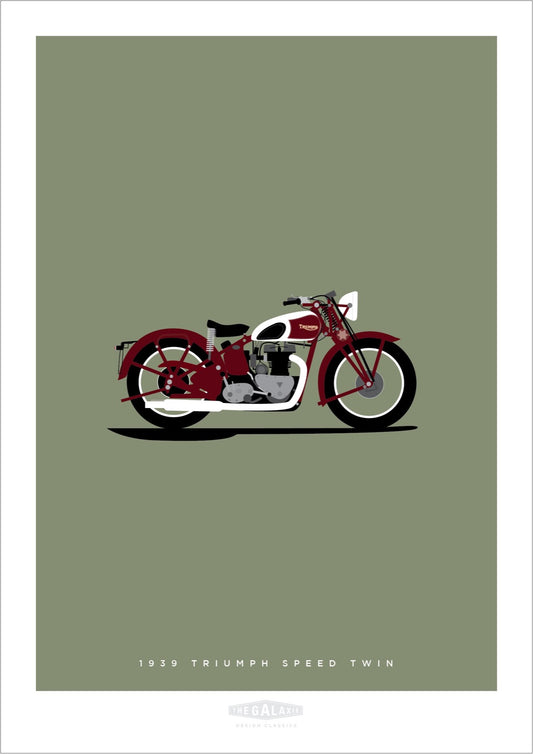 This hand drawn poster features a dark red 1939 Triumph Speed Twin on a grey green background.