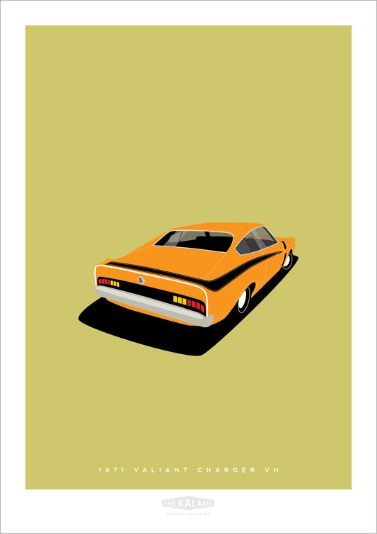 An original hand drawn print of a cool orange 1971 Valiant VH Charger on a light green  background.