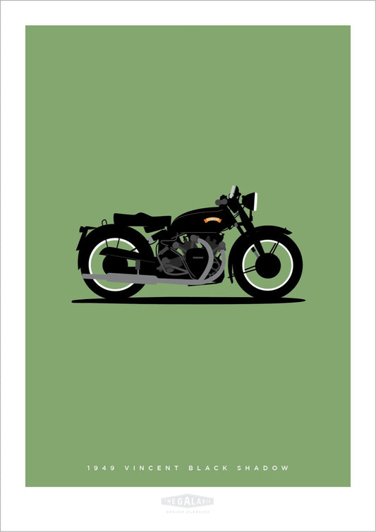 An original hand drawn print of a cool black 1949 Vincent Black Shadow on a soft green background.