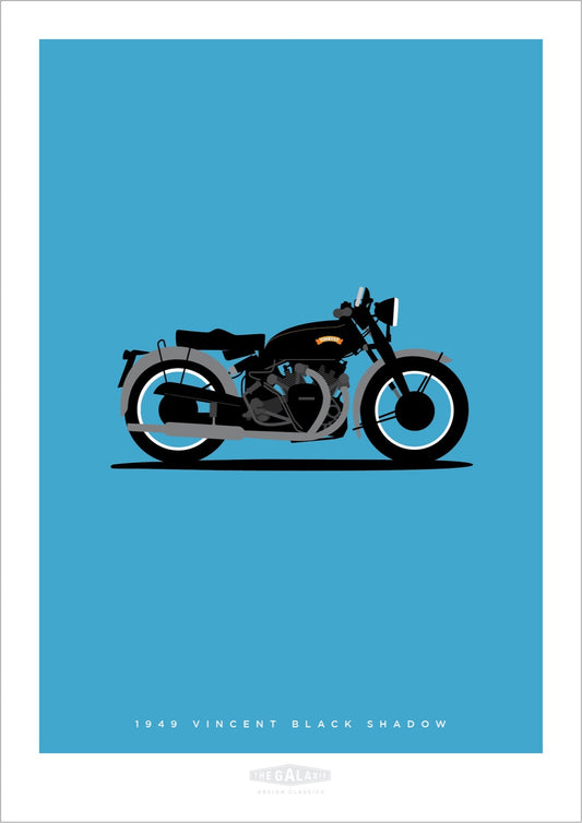 An original hand drawn print of a cool black 1949 Vincent Black Shadow on a blue background.