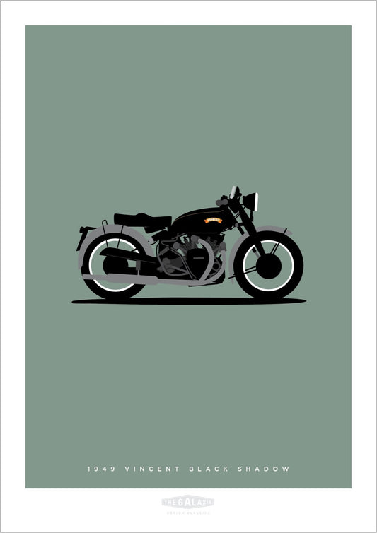 An original hand drawn print of a cool black 1949 Vincent Black Shadow on a soft grey-green background.