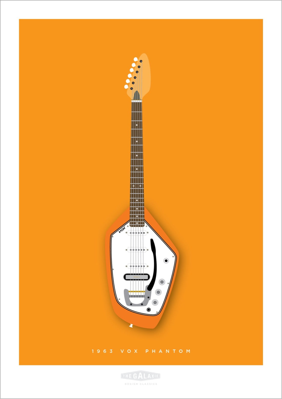 An original hand drawn print of a funky orange 1963 Vox Phantom guitar on an orange background.