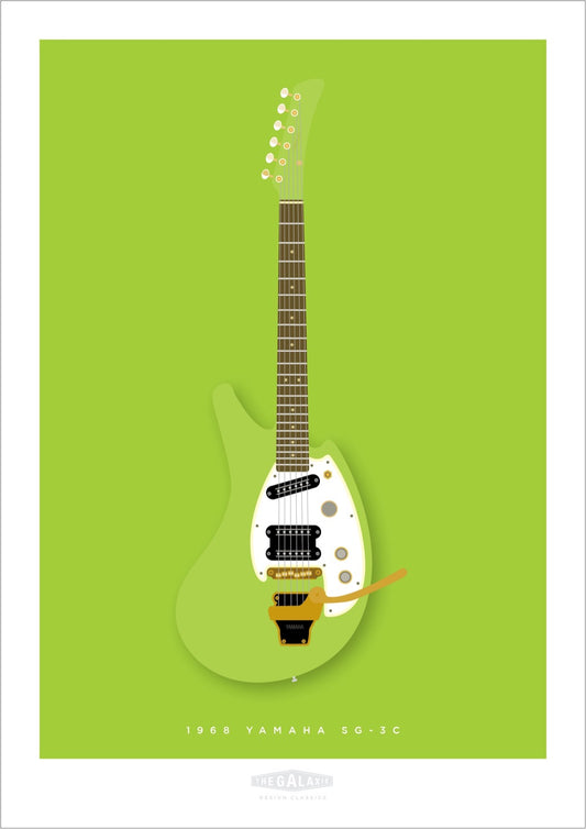 An original hand drawn print of a funky green 1968 Yamaha SG-3C guitar on a bright green background.