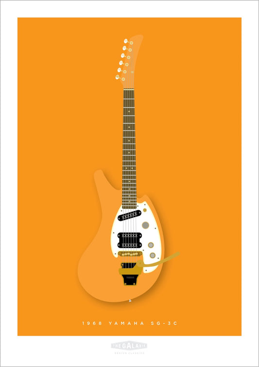 An original hand drawn print of a funky orange 1968 Yamaha SG-3C guitar on an orange background.