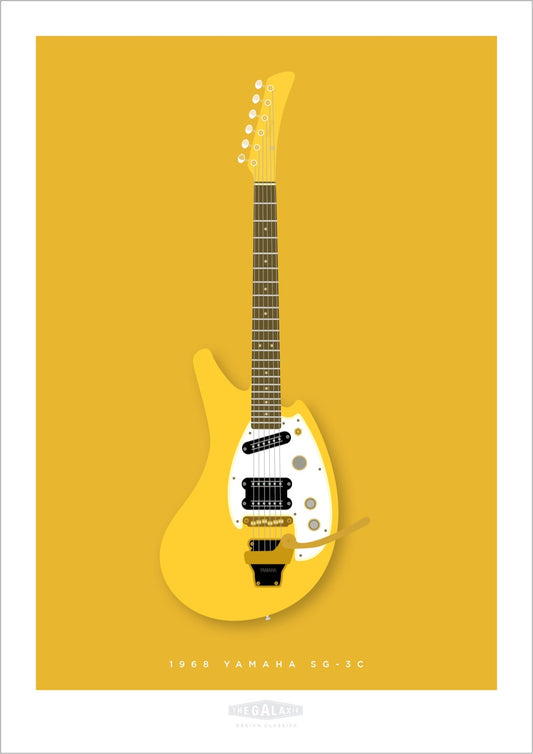 An original hand drawn print of a funky yellow 1968 Yamaha SG-3C guitar on a bright yellow background.